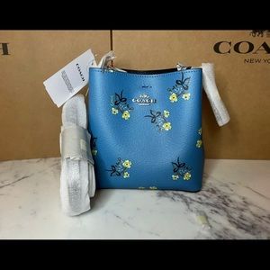 Coach Mini Town Bucket Bag With Floral Bow Print C7974 Silver/Blue Multi
